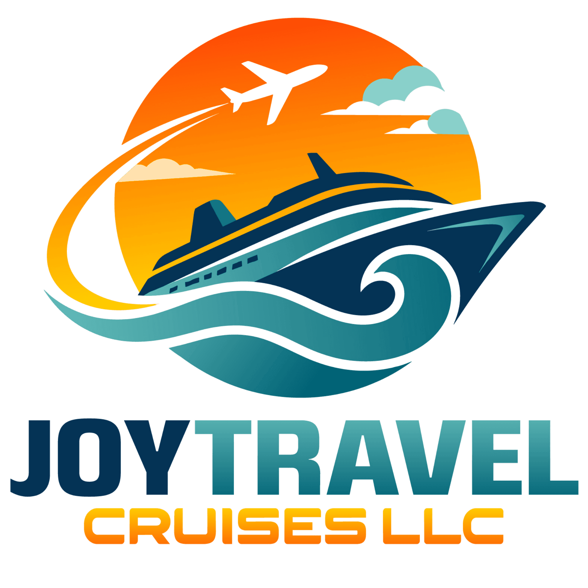 Joy Travel Cruises LLC logo with cruise ship and sunset background.